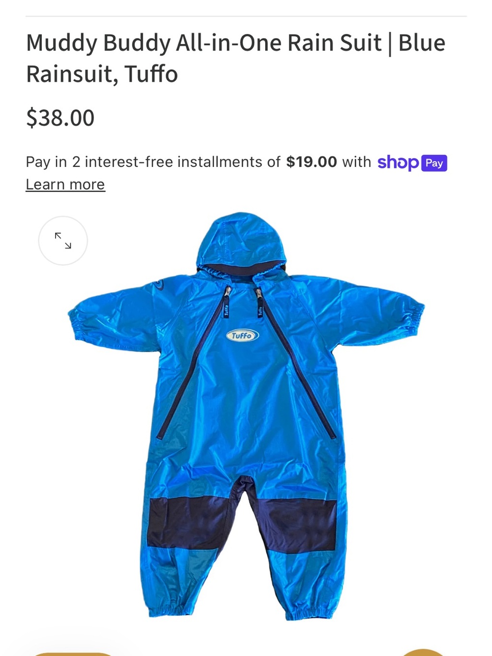 Tuffo Blue Kids All-in-One Rain Suit - Waterproof Hooded Raincoat